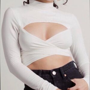 White Long Sleeve Cutout Wrap Crop Top